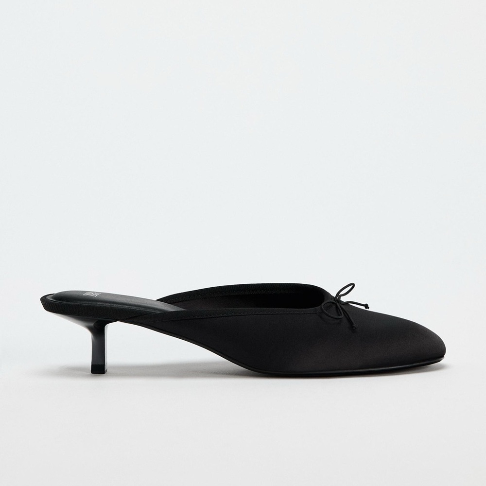 Zara Black Satin Kitten Heel Mules with Bow - Picture 3 of 13
